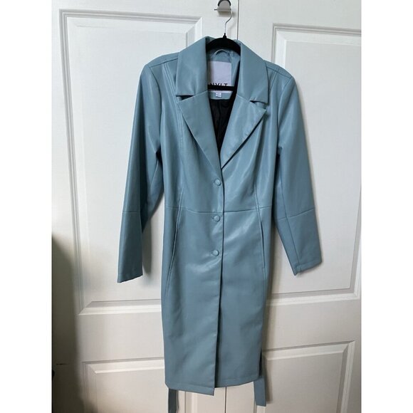 NVLT Vegan Trench Coat Womens L Blue Faux Leather Lined Contemporary - Picture 6 of 12